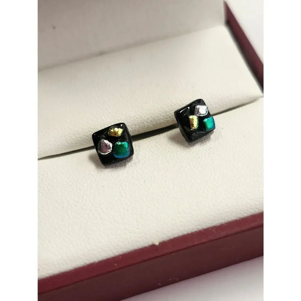 Dichroic Glass Stud Earrings with Gold, Green & Silver Accents